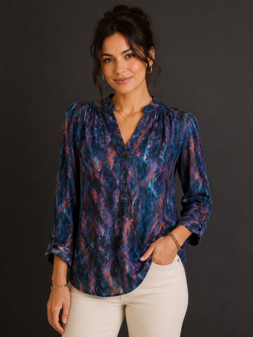 Casual Studio Blue Abstract Button Sleeve Blouse Tunic Size M